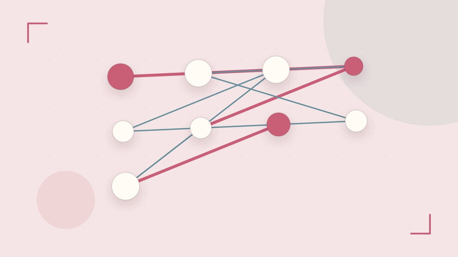 Editorial illustration of an algorithmic node graph with branching paths and a highlighted result