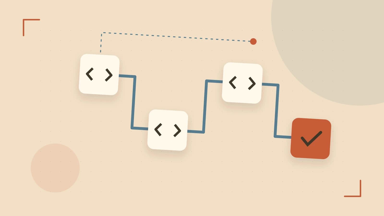 Editorial illustration of a branching build pipeline, staged transformations and a completed check