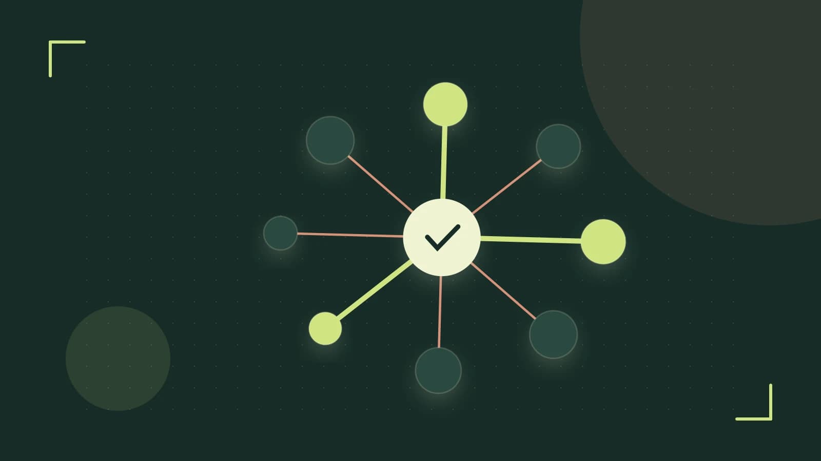 Editorial illustration of an algorithmic node graph with branching paths and a highlighted result