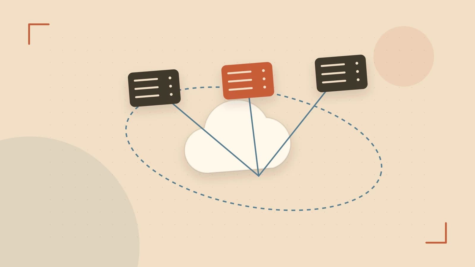 Editorial illustration of cloud infrastructure, connected server racks and an orbital service map