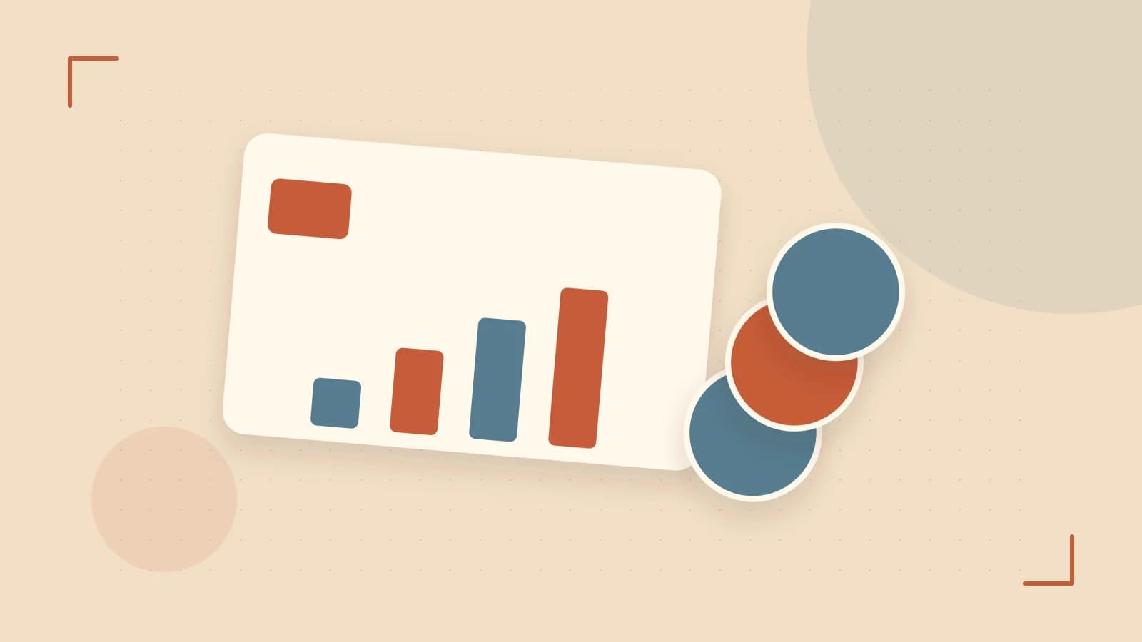 Editorial illustration of abstract coins, a payment card and a geometric financial chart without data labels