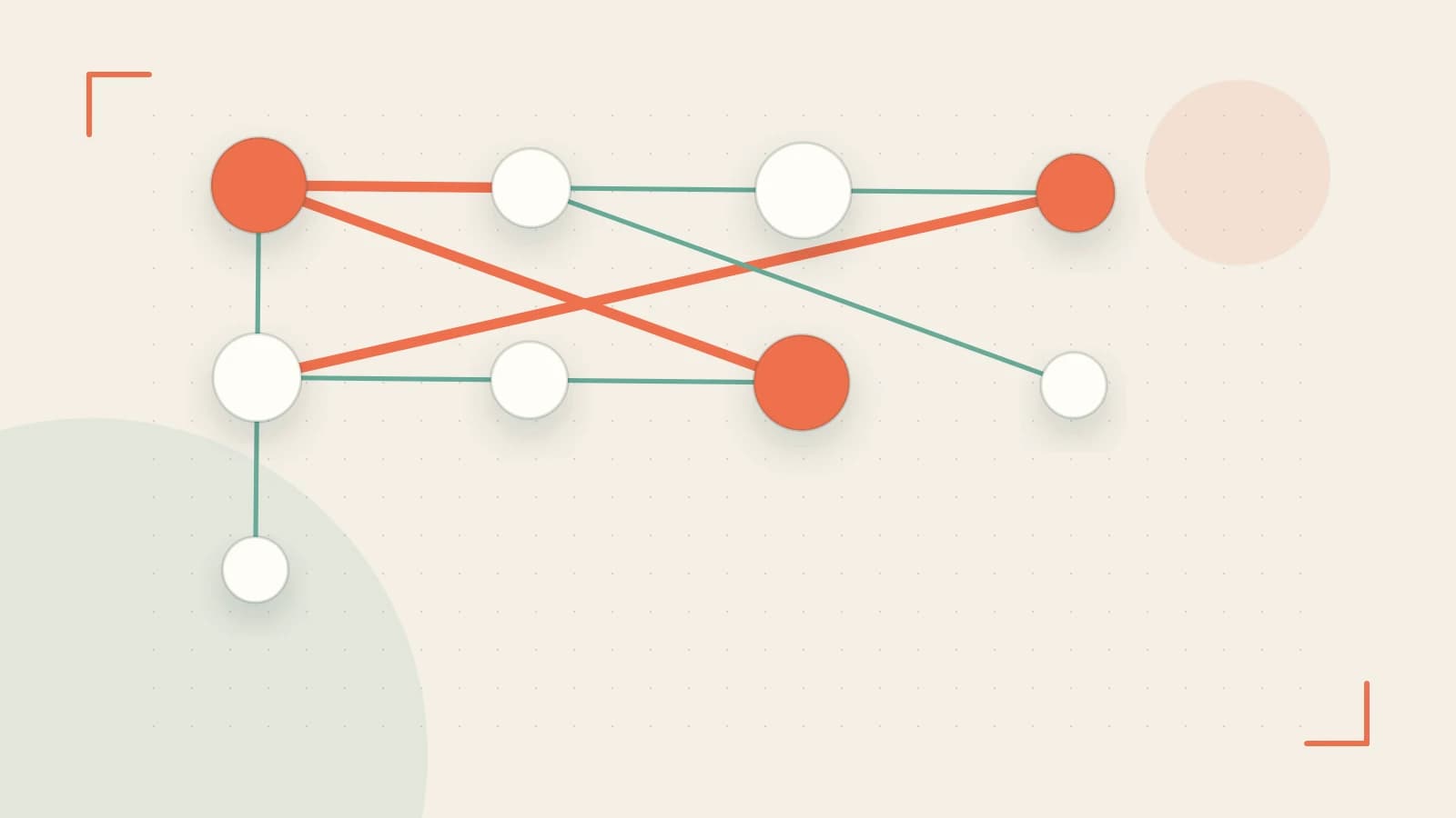 Editorial illustration of an algorithmic node graph with branching paths and a highlighted result
