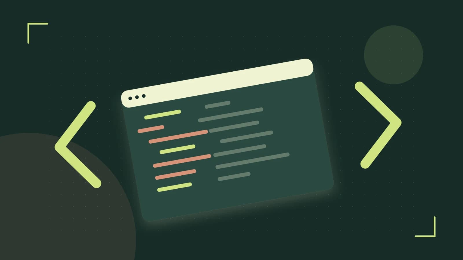 Editorial illustration of an abstract code editor, syntax blocks and oversized programming brackets