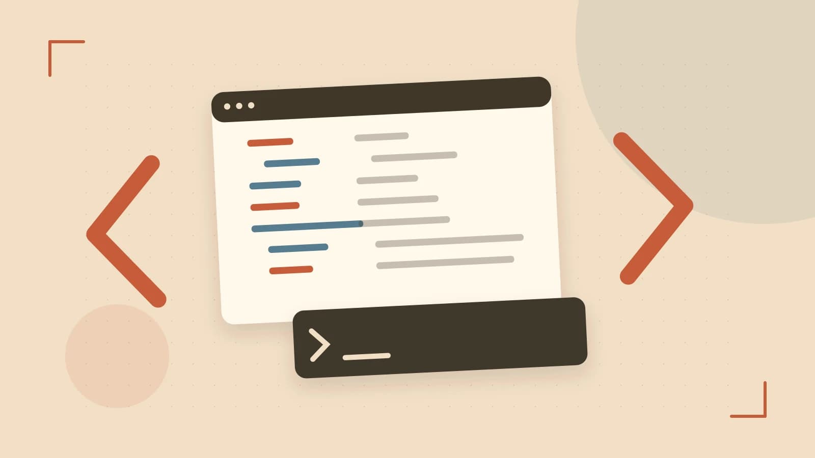 Editorial illustration of an abstract code editor, syntax blocks and oversized programming brackets
