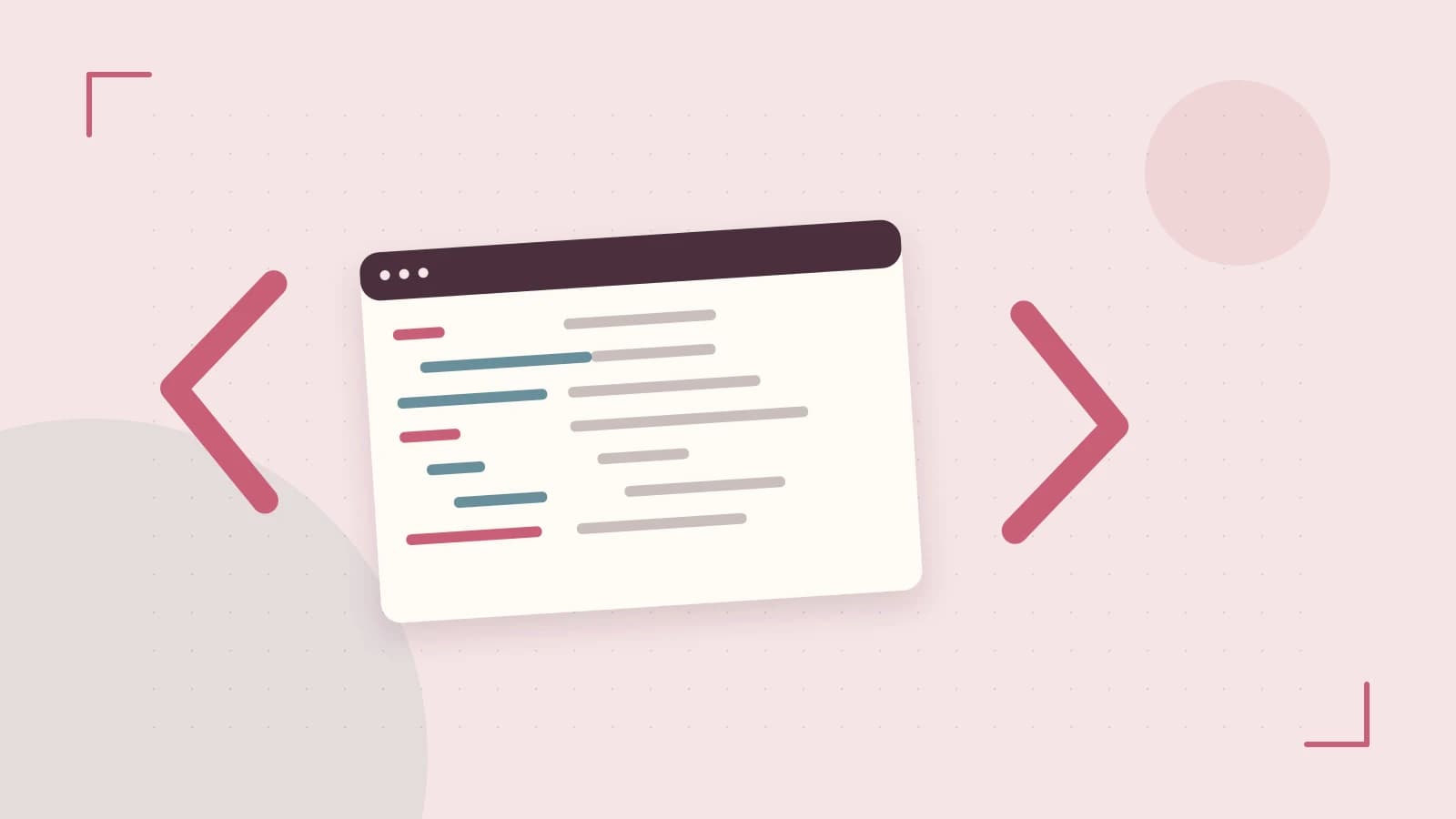 Editorial illustration of an abstract code editor, syntax blocks and oversized programming brackets