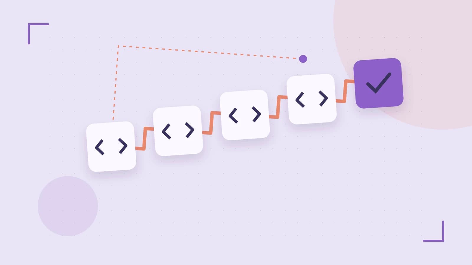 Editorial illustration of a branching build pipeline, staged transformations and a completed check