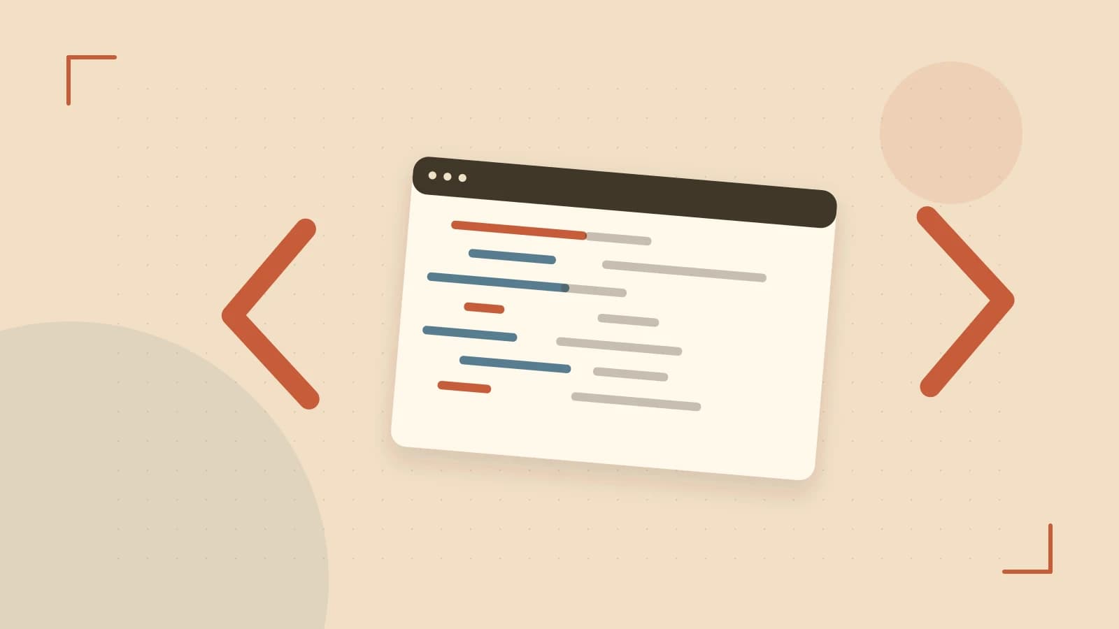 Editorial illustration of an abstract code editor, syntax blocks and oversized programming brackets
