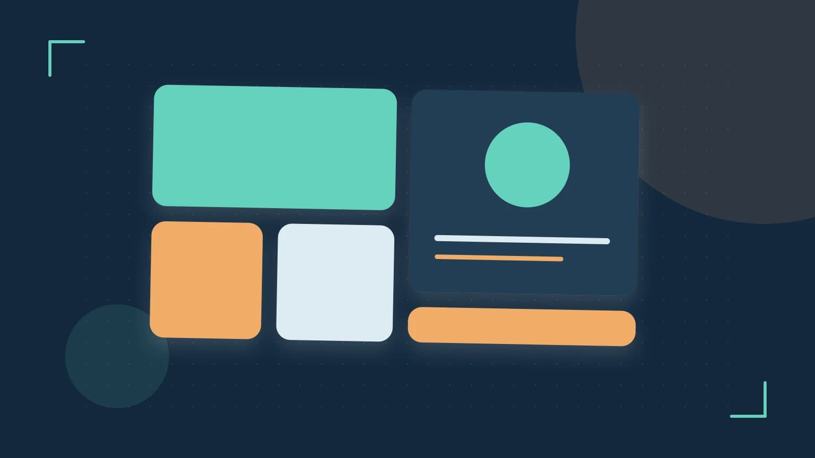Editorial illustration of responsive browser layouts, overlapping design components and a color system
