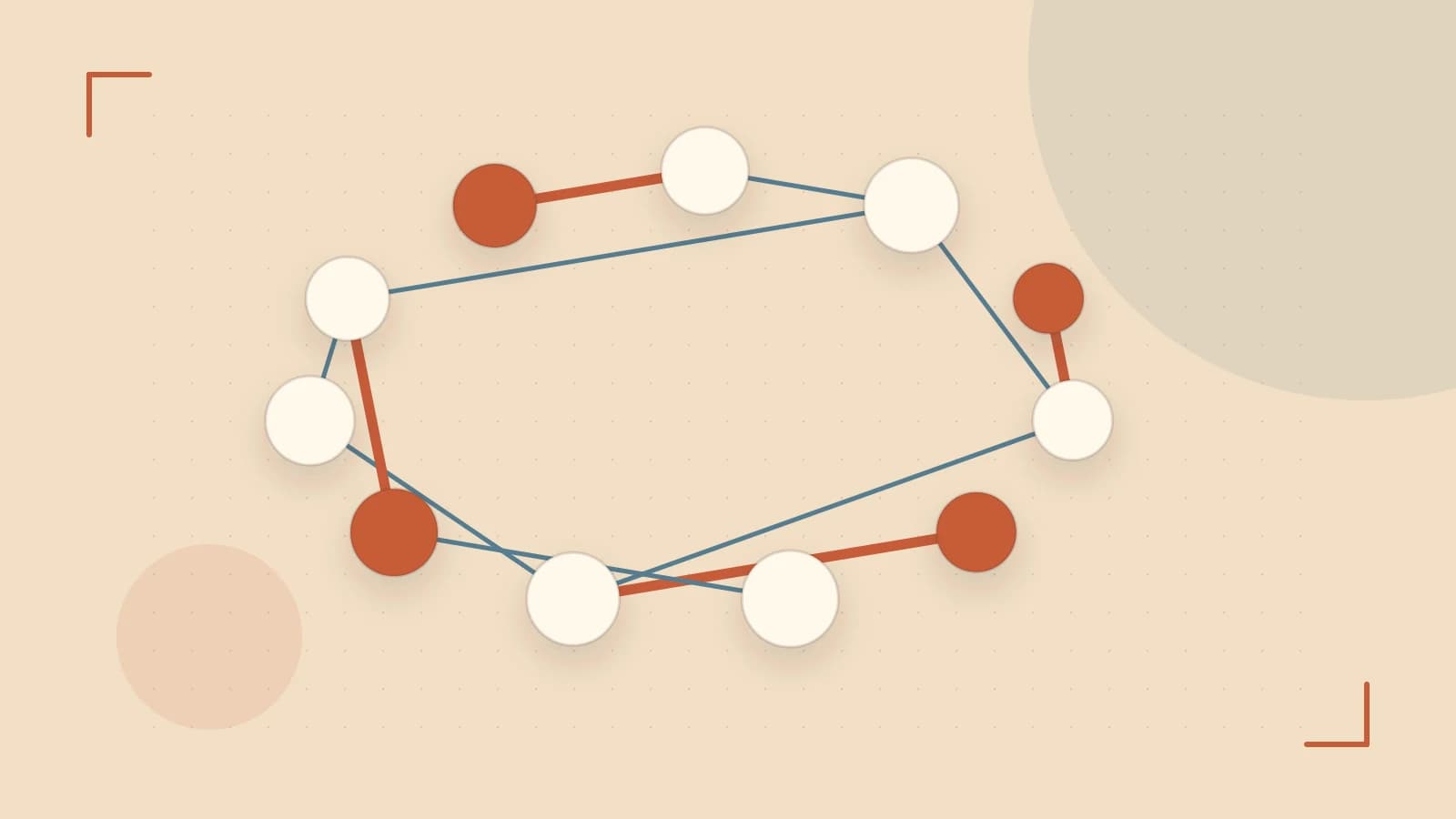 Editorial illustration of an algorithmic node graph with branching paths and a highlighted result