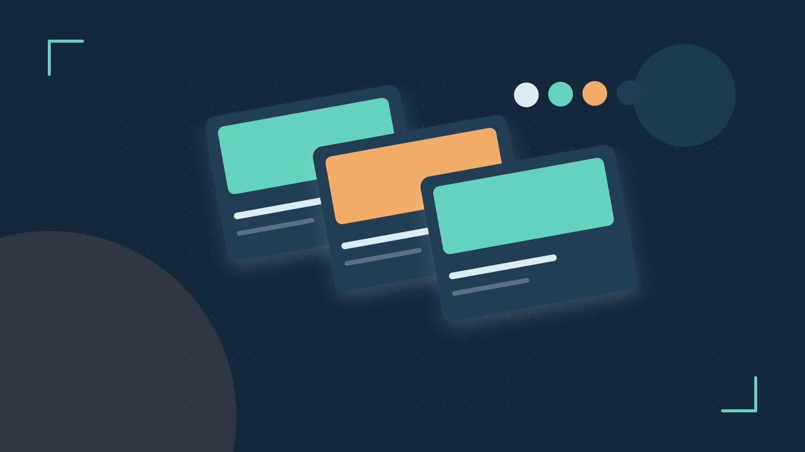 Editorial illustration of responsive browser layouts, overlapping design components and a color system