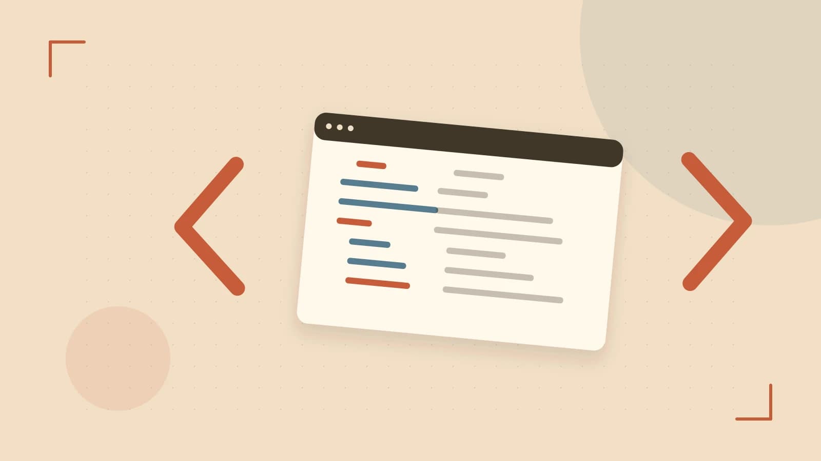 Editorial illustration of an abstract code editor, syntax blocks and oversized programming brackets