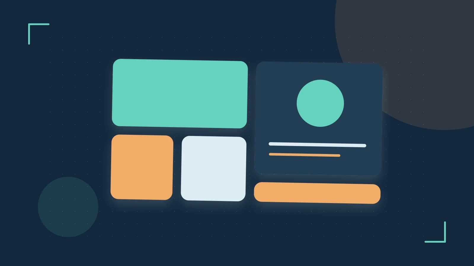 Editorial illustration of responsive browser layouts, overlapping design components and a color system