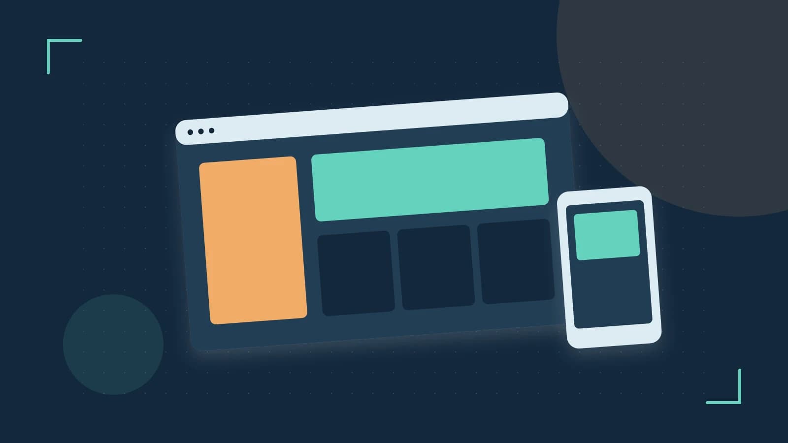 Editorial illustration of responsive browser layouts, overlapping design components and a color system