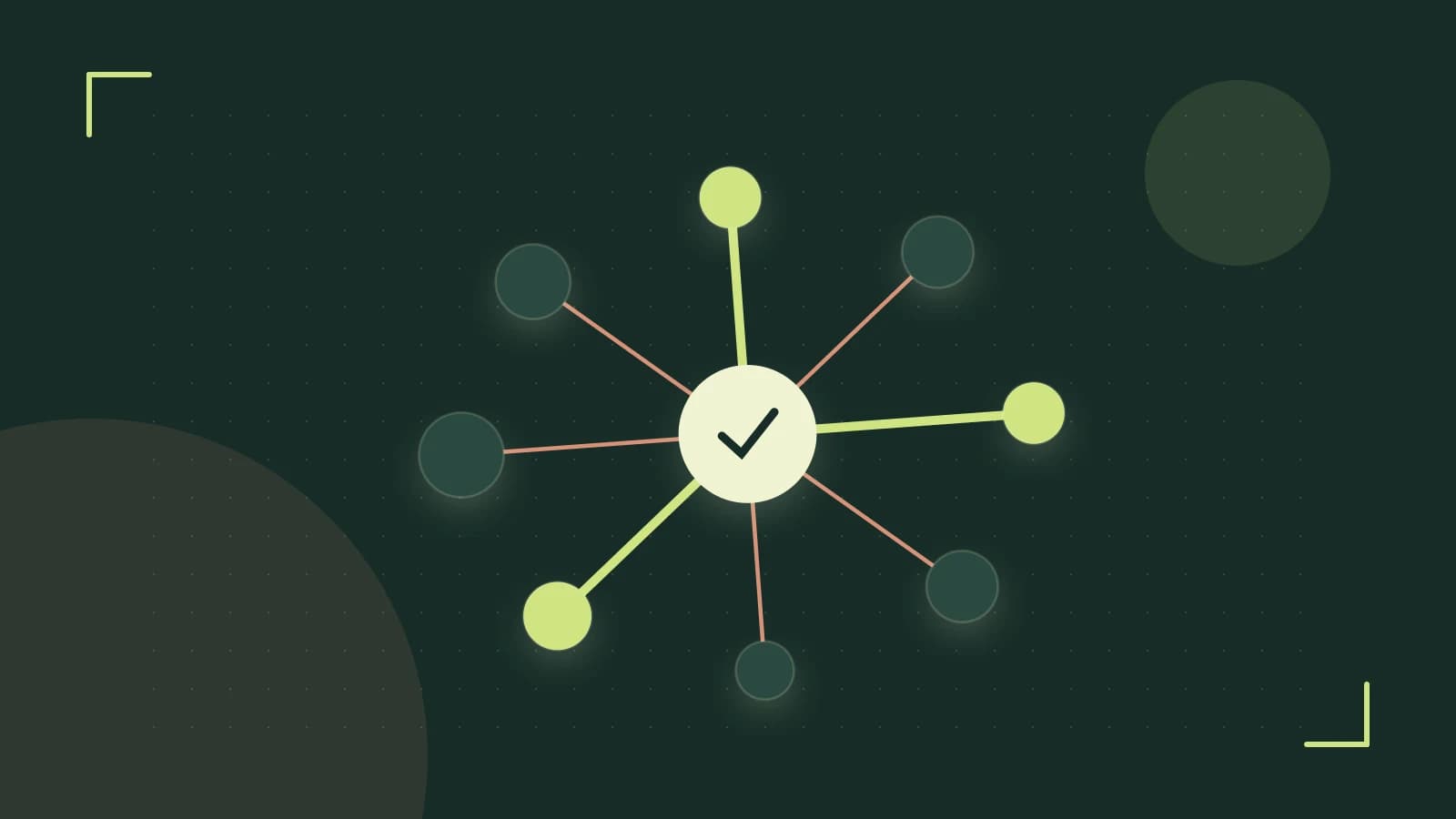 Editorial illustration of an algorithmic node graph with branching paths and a highlighted result