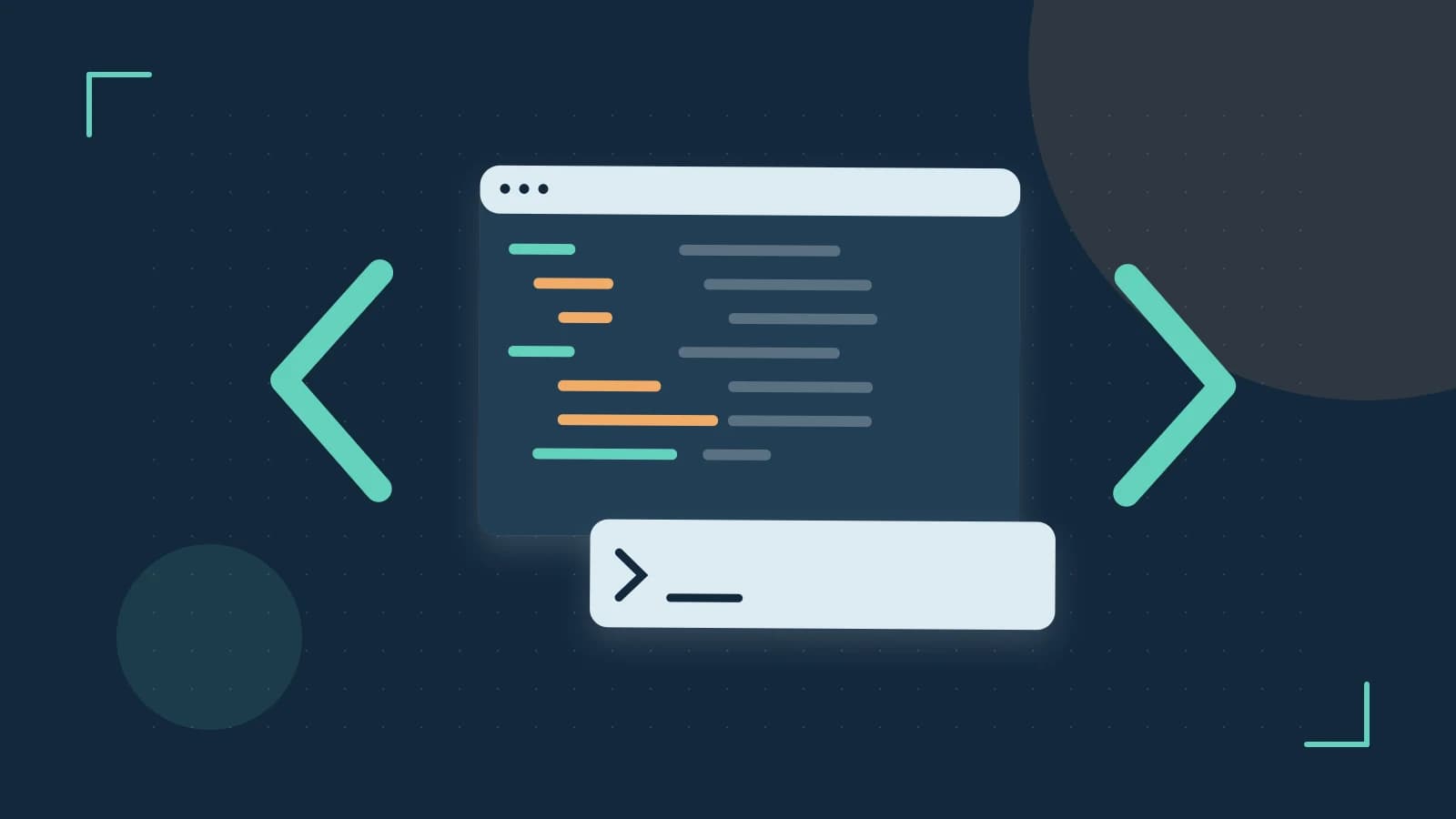 Editorial illustration of an abstract code editor, syntax blocks and oversized programming brackets