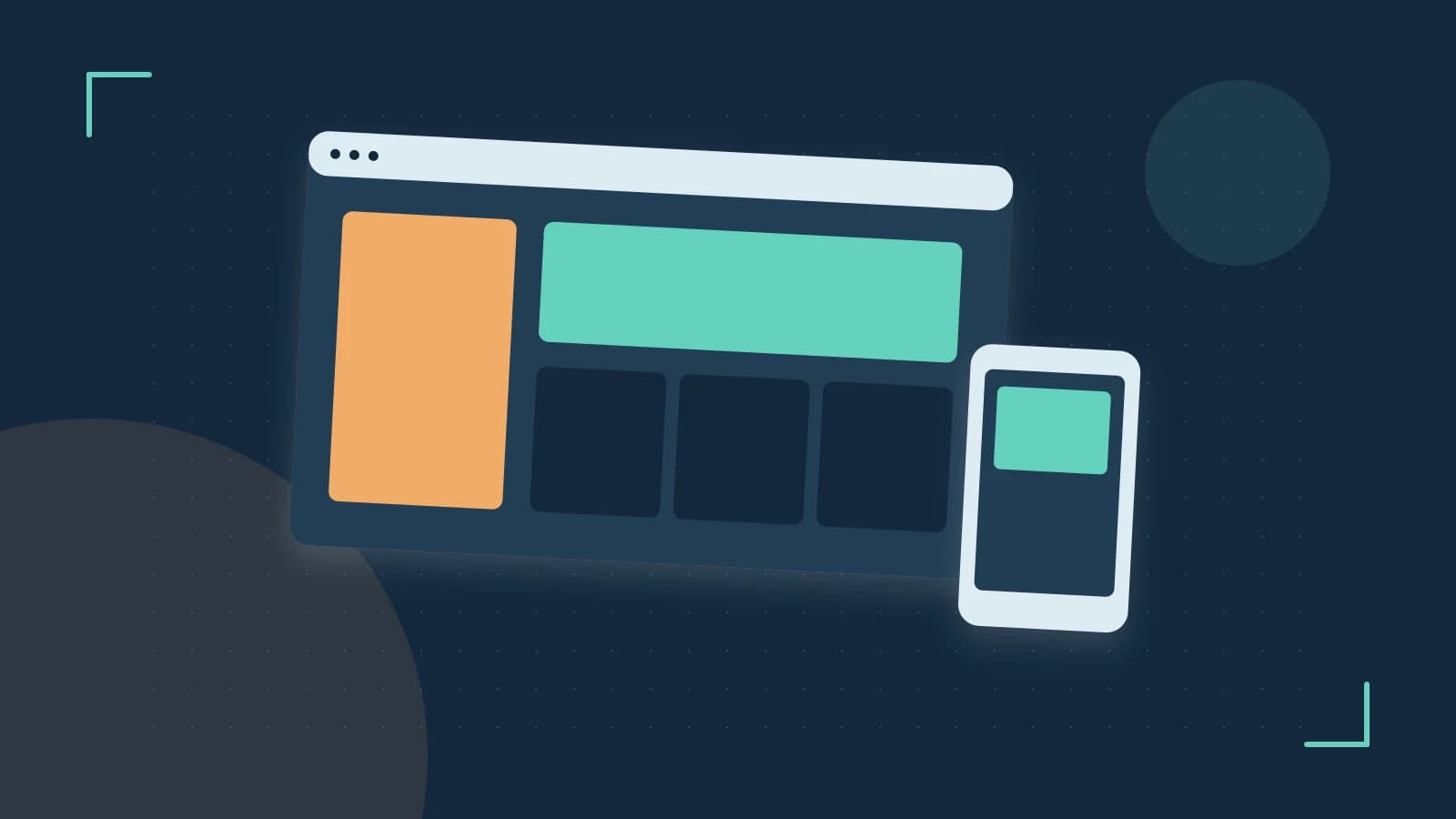 Editorial illustration of responsive browser layouts, overlapping design components and a color system
