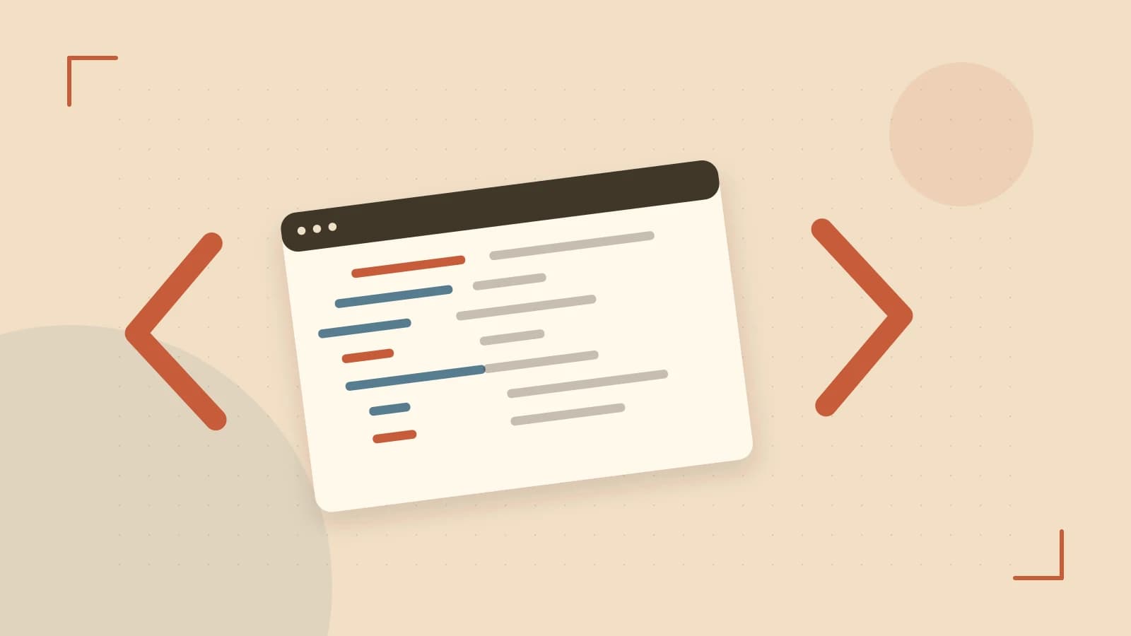 Editorial illustration of an abstract code editor, syntax blocks and oversized programming brackets