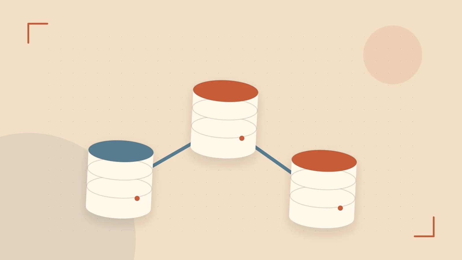 Editorial illustration of structured records, database cylinders and relationships between tables