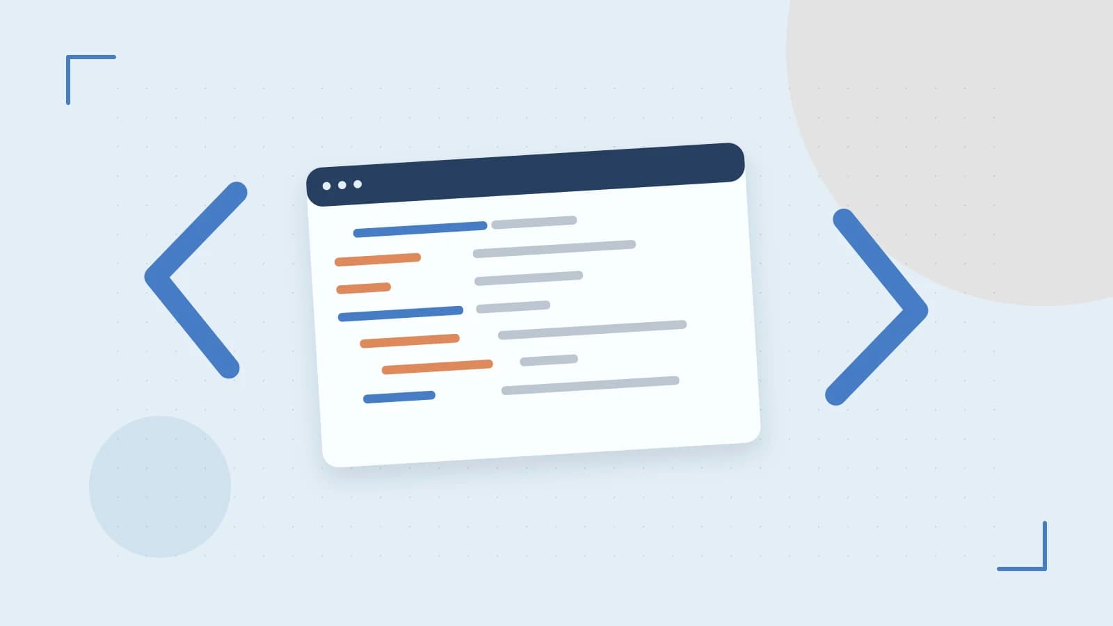 Editorial illustration of an abstract code editor, syntax blocks and oversized programming brackets