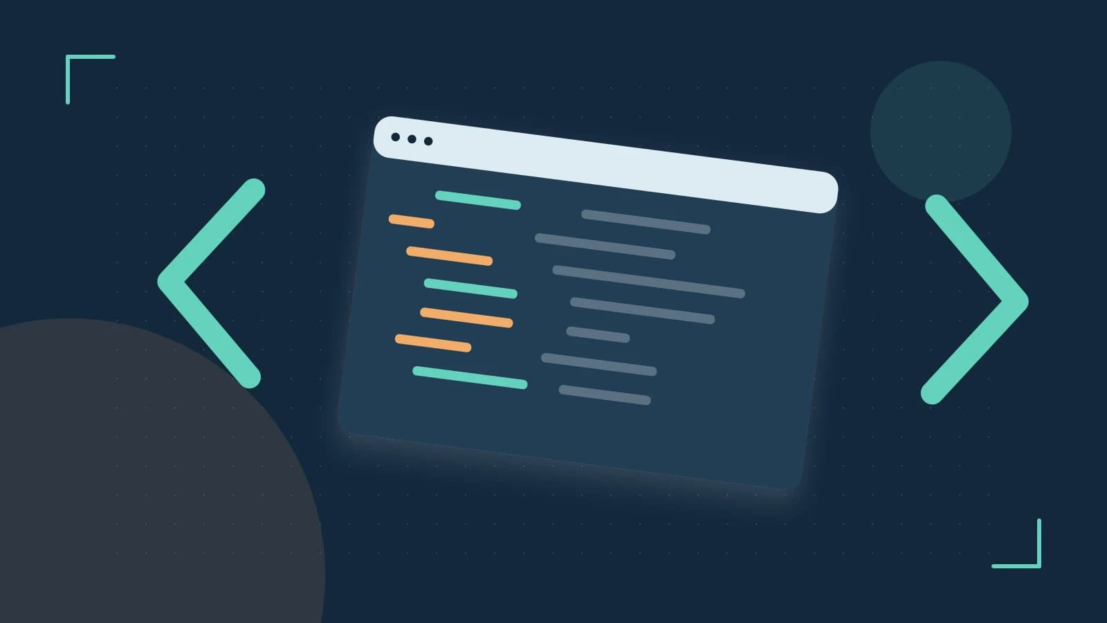 Editorial illustration of an abstract code editor, syntax blocks and oversized programming brackets