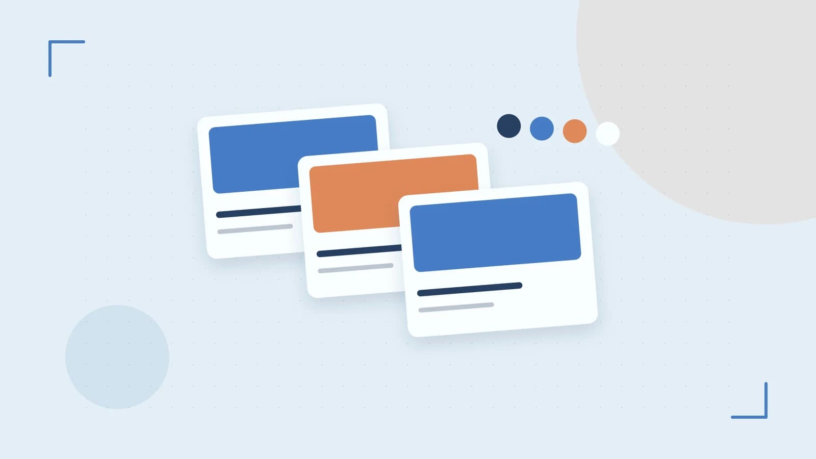 Editorial illustration of responsive browser layouts, overlapping design components and a color system