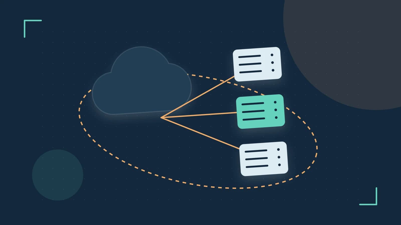 Editorial illustration of cloud infrastructure, connected server racks and an orbital service map