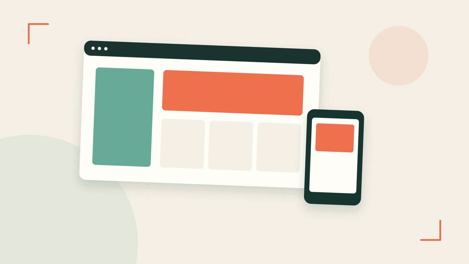 Editorial illustration of responsive browser layouts, overlapping design components and a color system