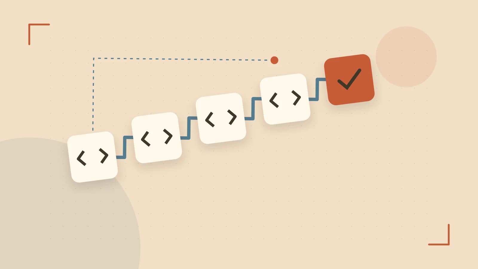 Editorial illustration of a branching build pipeline, staged transformations and a completed check