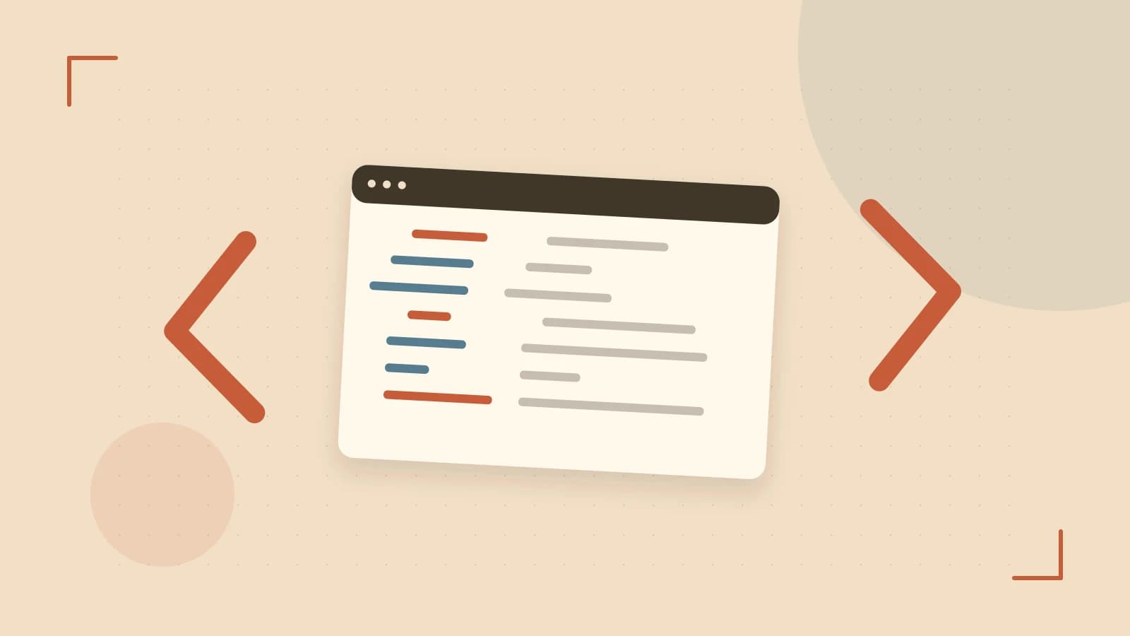 Editorial illustration of an abstract code editor, syntax blocks and oversized programming brackets