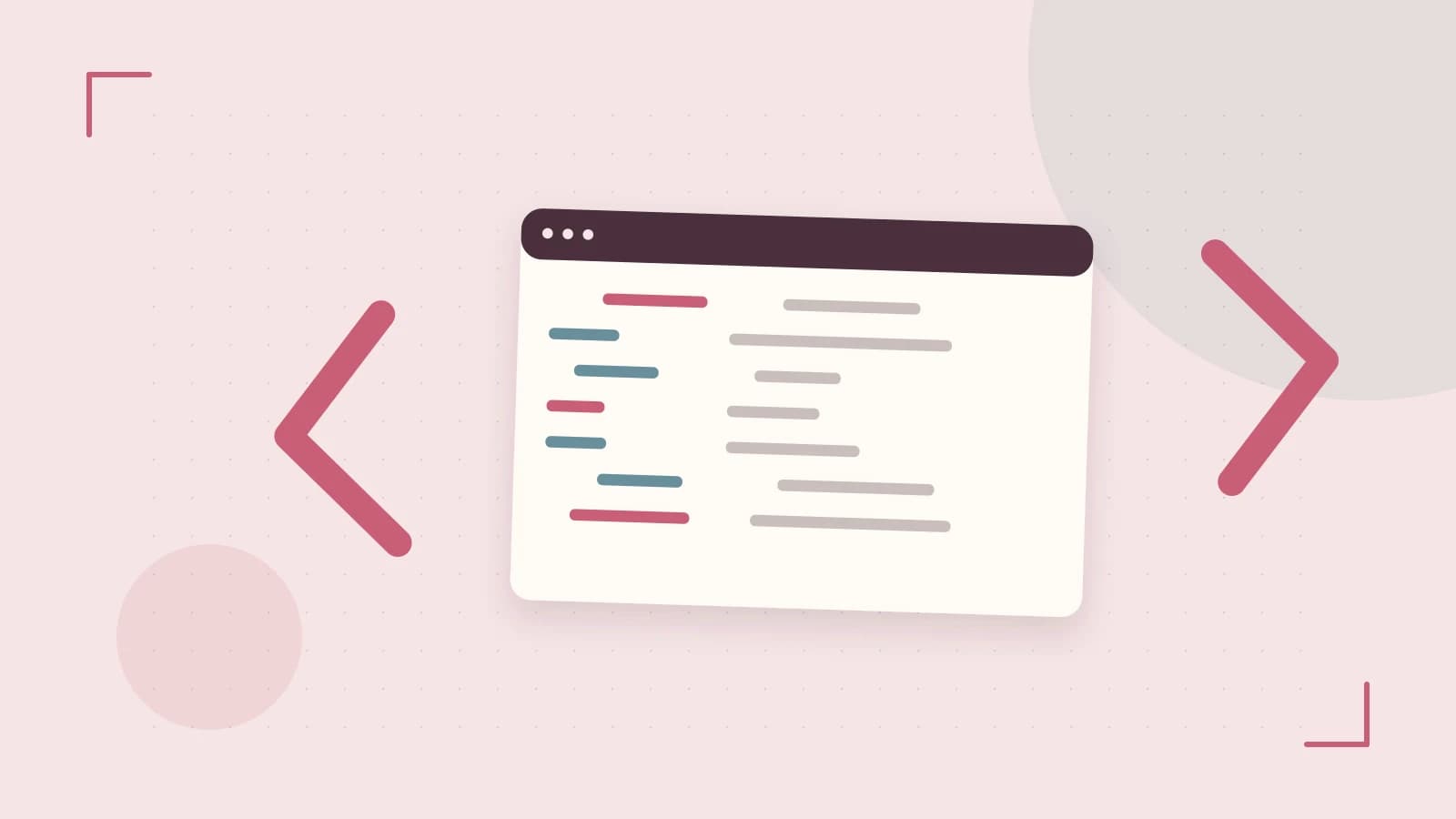 Editorial illustration of an abstract code editor, syntax blocks and oversized programming brackets