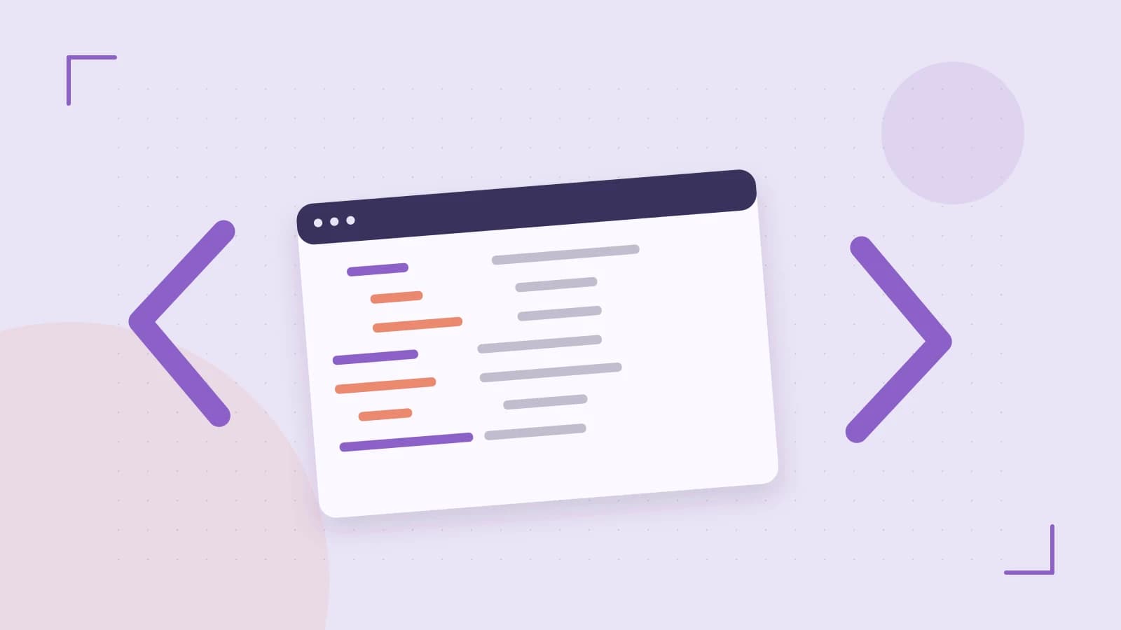 Editorial illustration of an abstract code editor, syntax blocks and oversized programming brackets