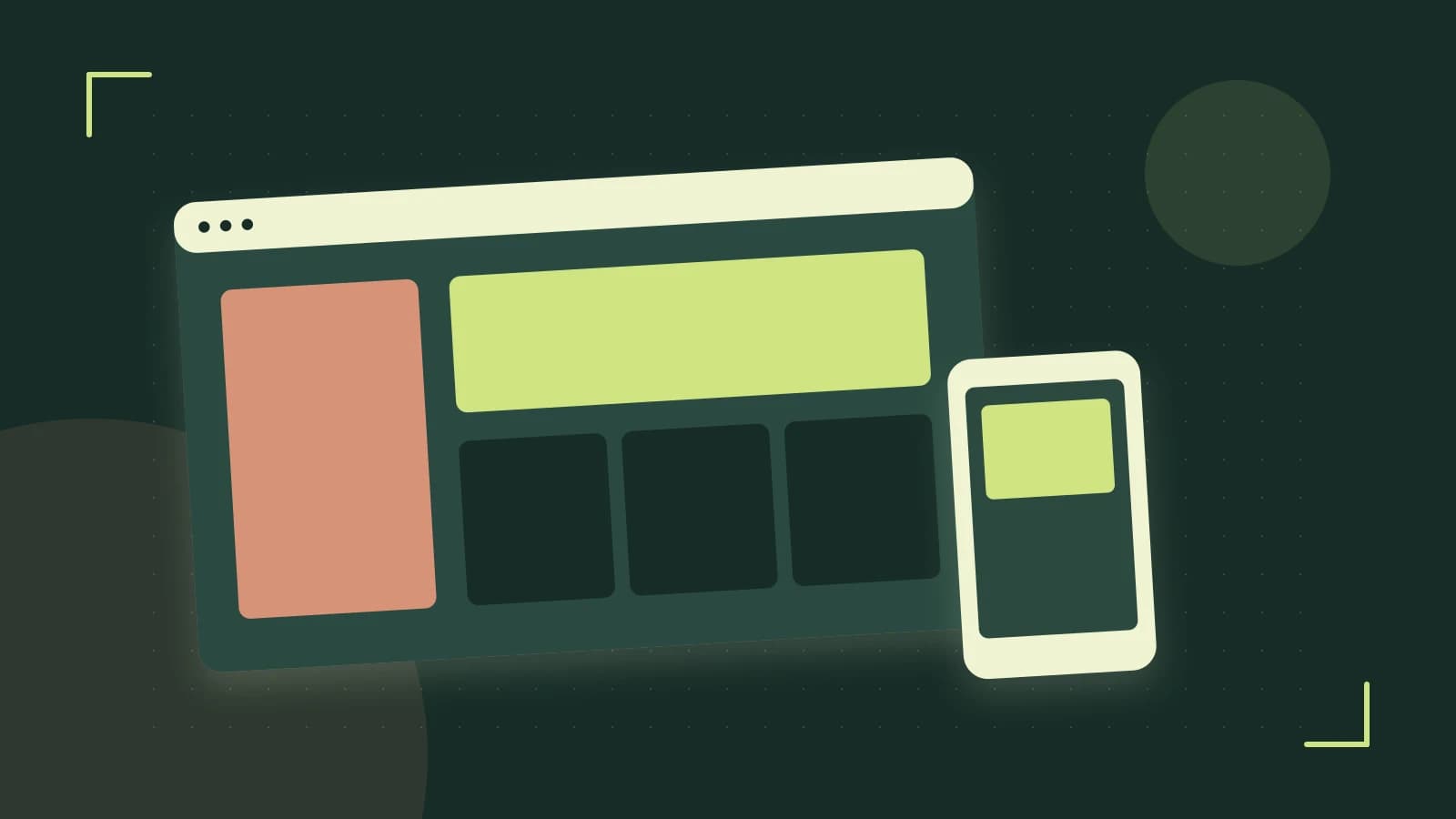 Editorial illustration of responsive browser layouts, overlapping design components and a color system