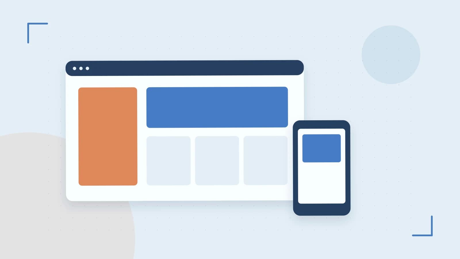Editorial illustration of responsive browser layouts, overlapping design components and a color system