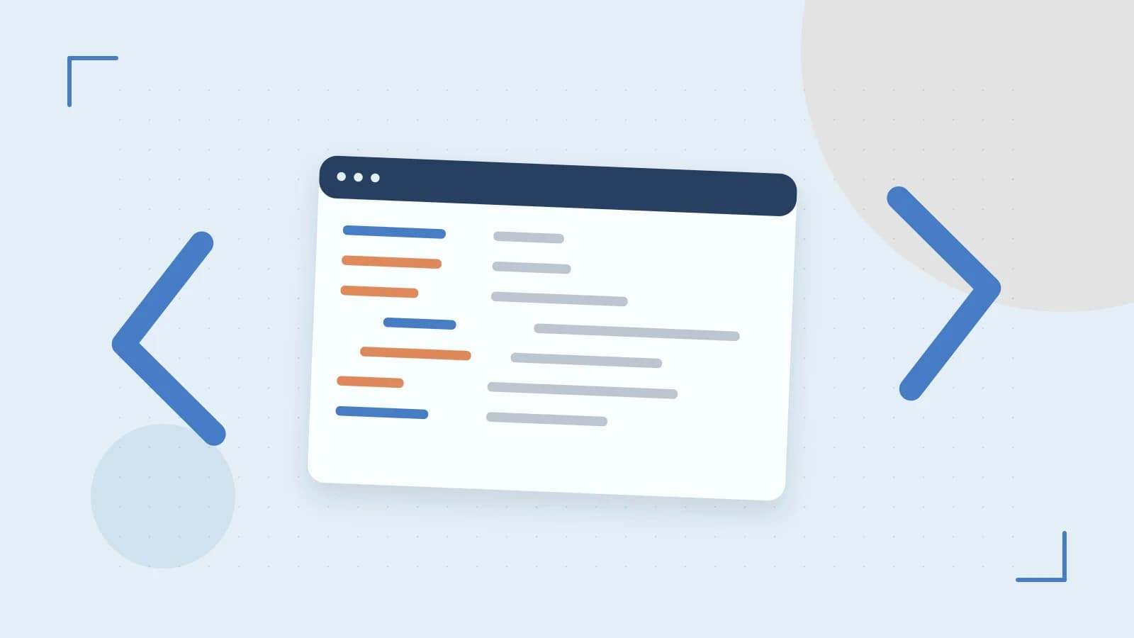 Editorial illustration of an abstract code editor, syntax blocks and oversized programming brackets