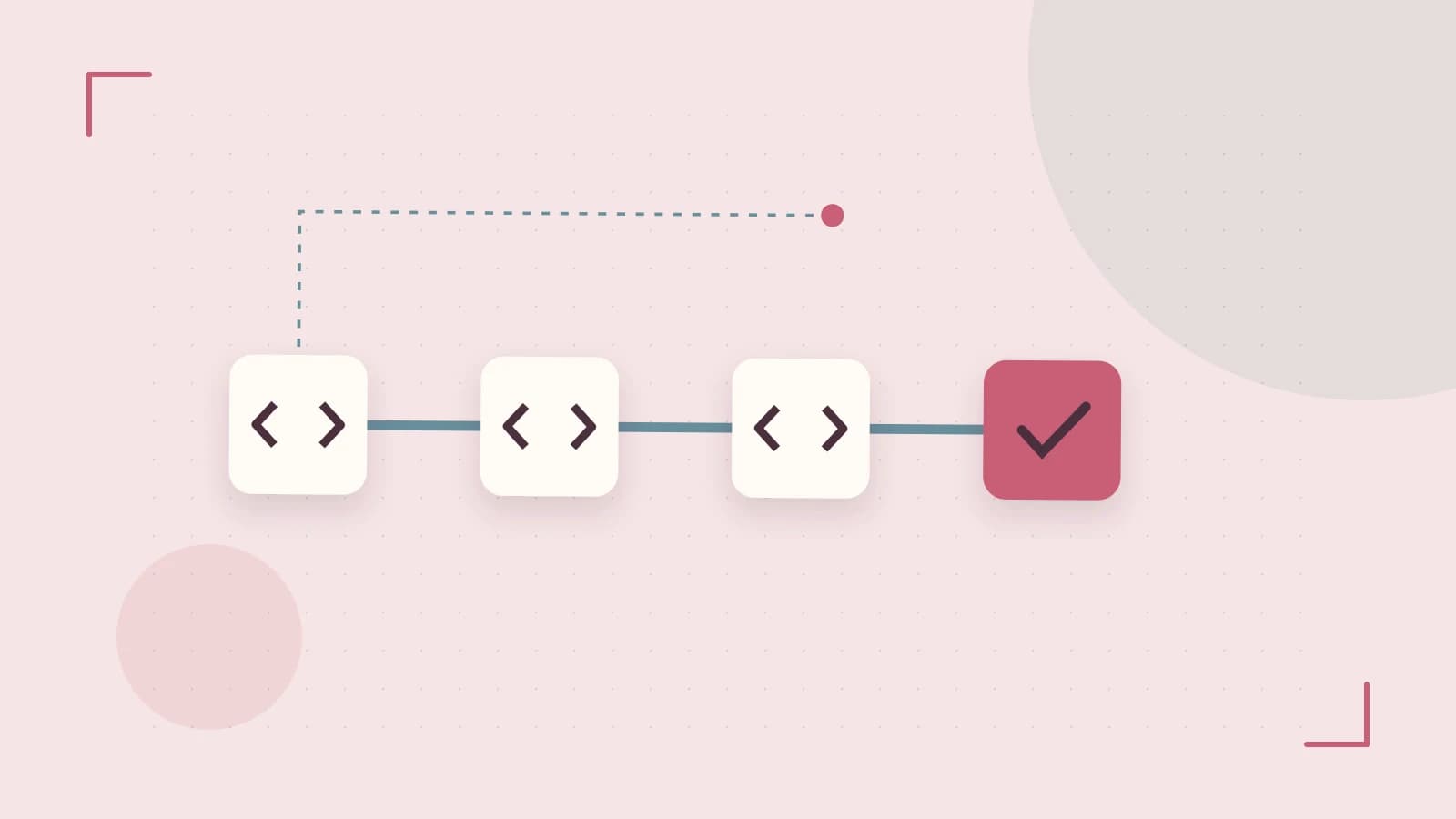 Editorial illustration of a branching build pipeline, staged transformations and a completed check