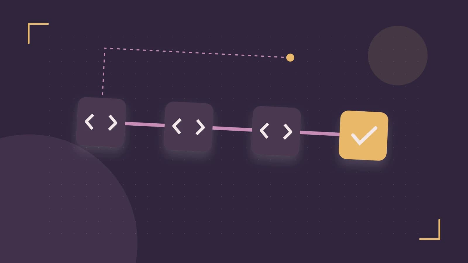 Editorial illustration of a branching build pipeline, staged transformations and a completed check