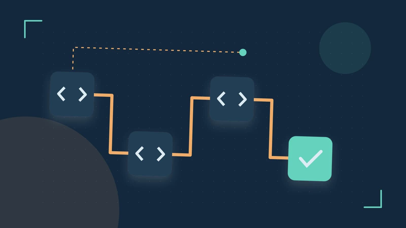 Editorial illustration of a branching build pipeline, staged transformations and a completed check