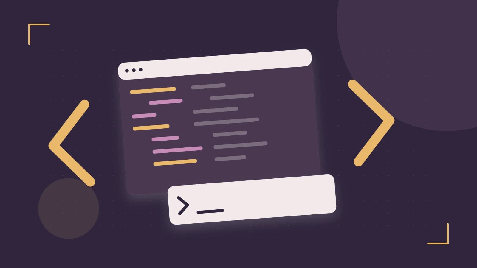 Editorial illustration of an abstract code editor, syntax blocks and oversized programming brackets