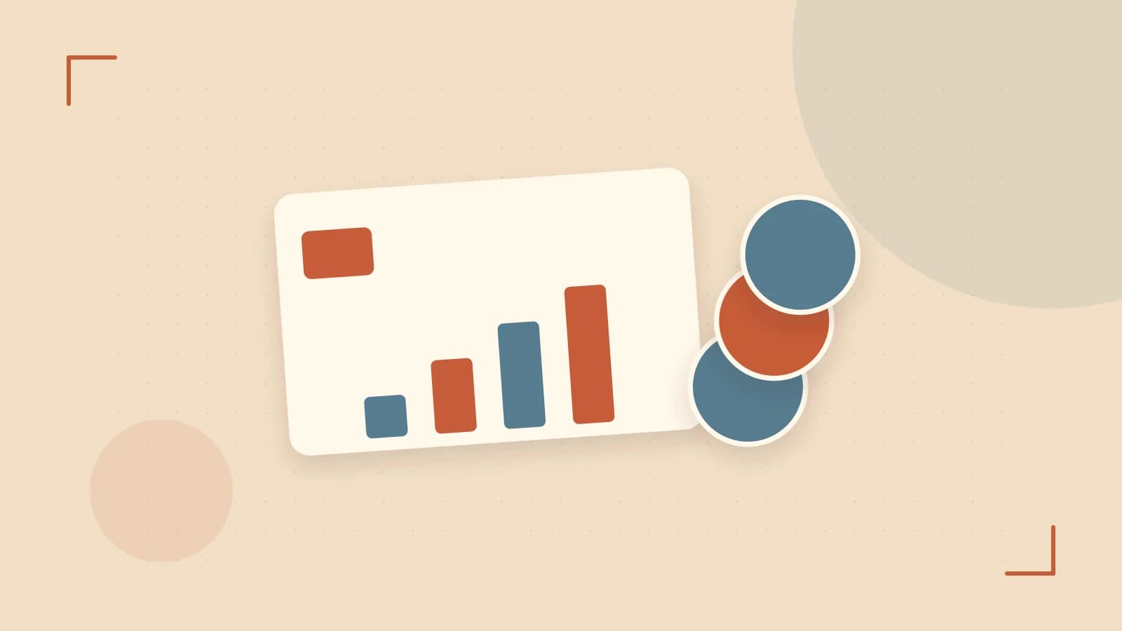 Editorial illustration of abstract coins, a payment card and a geometric financial chart without data labels