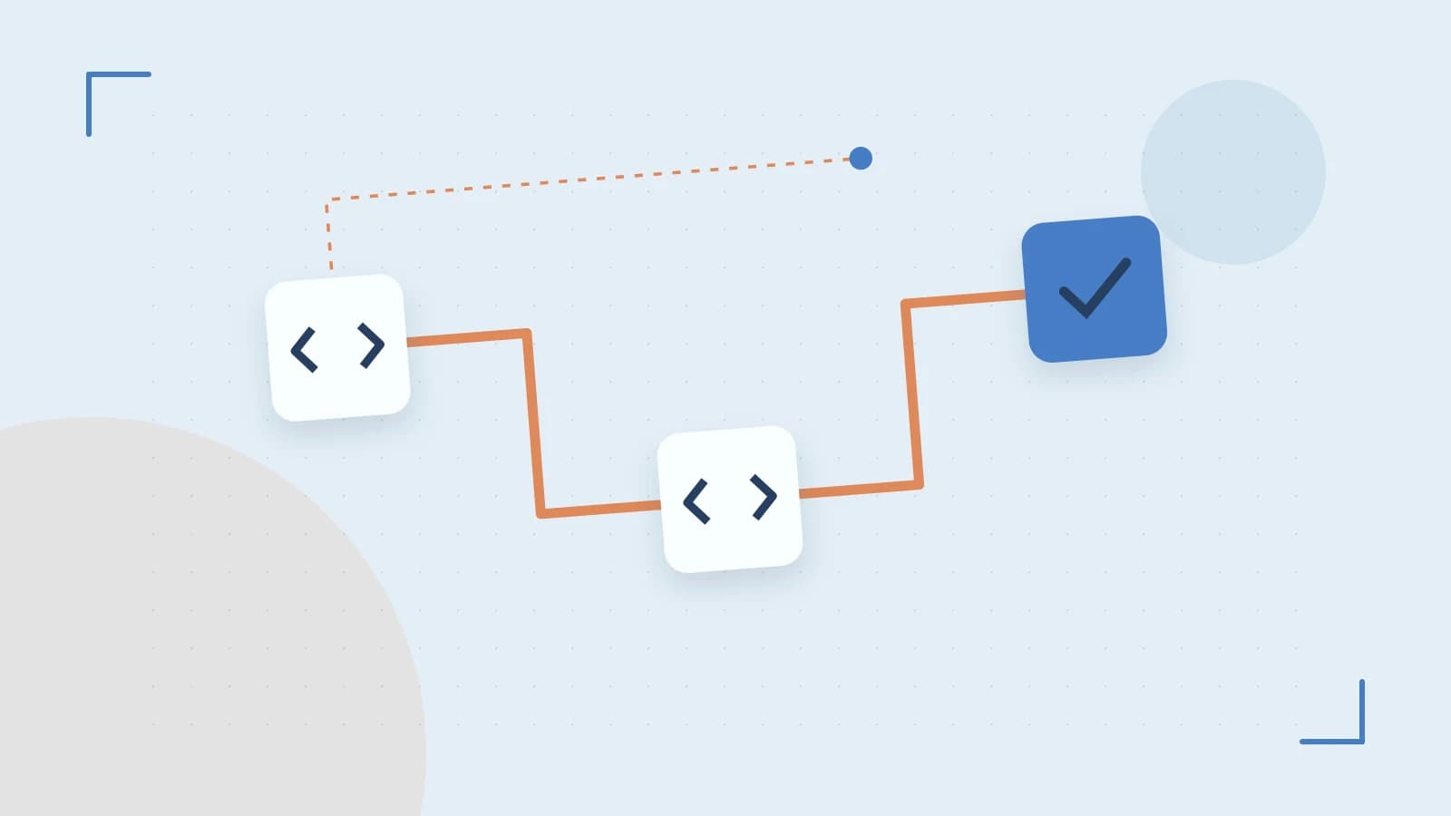 Editorial illustration of a branching build pipeline, staged transformations and a completed check