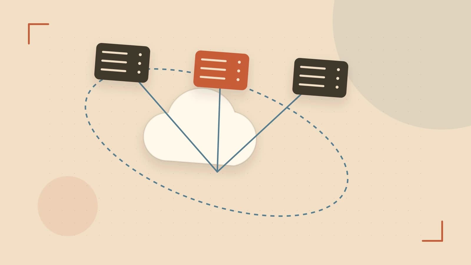 Editorial illustration of cloud infrastructure, connected server racks and an orbital service map
