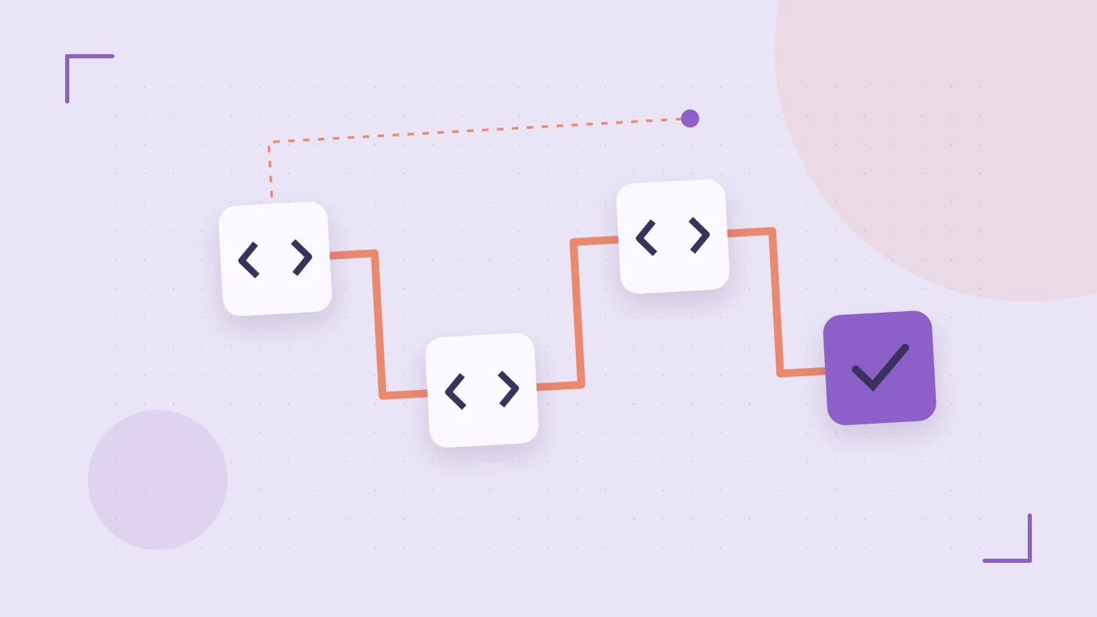 Editorial illustration of a branching build pipeline, staged transformations and a completed check