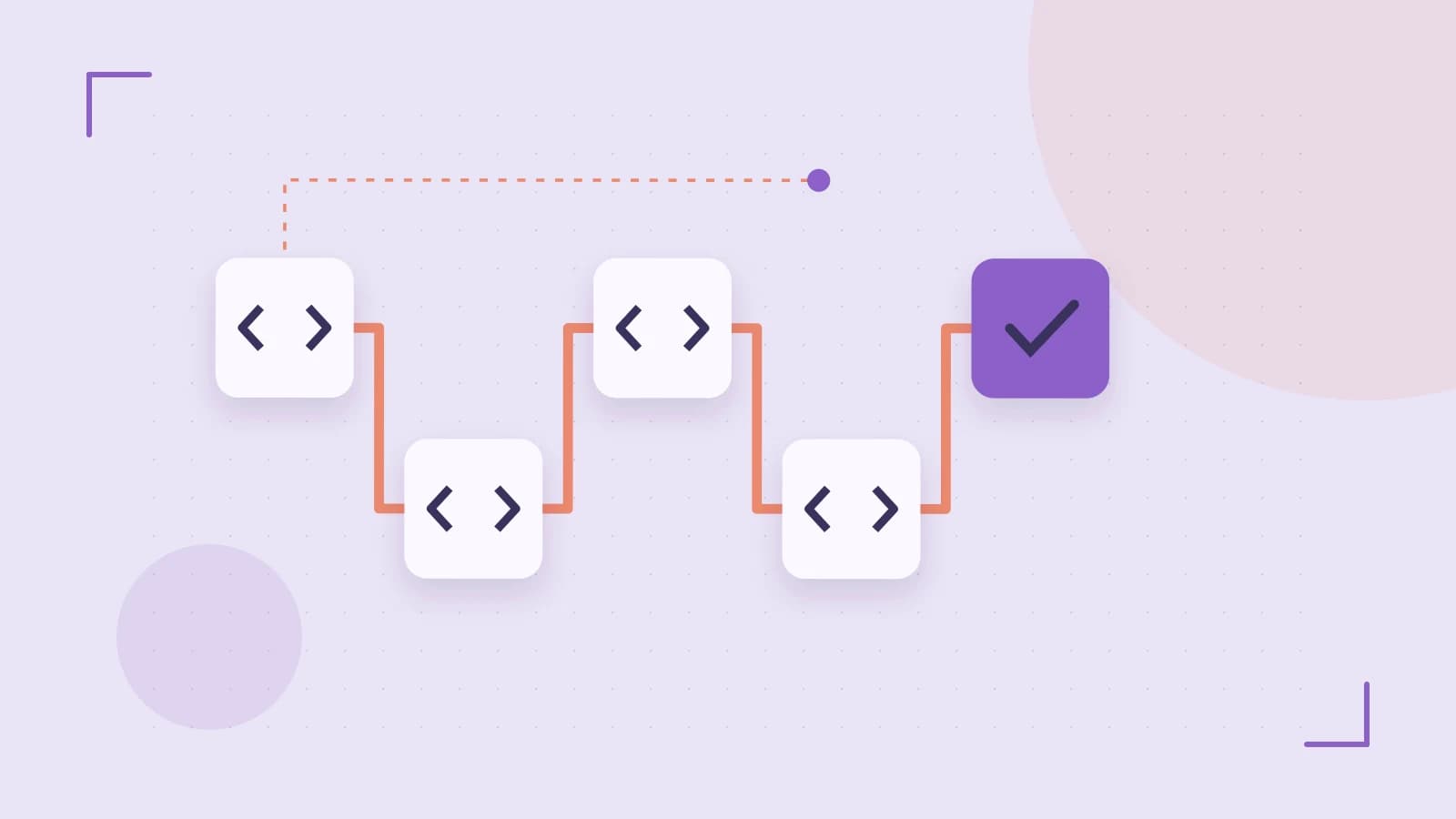 Editorial illustration of a branching build pipeline, staged transformations and a completed check