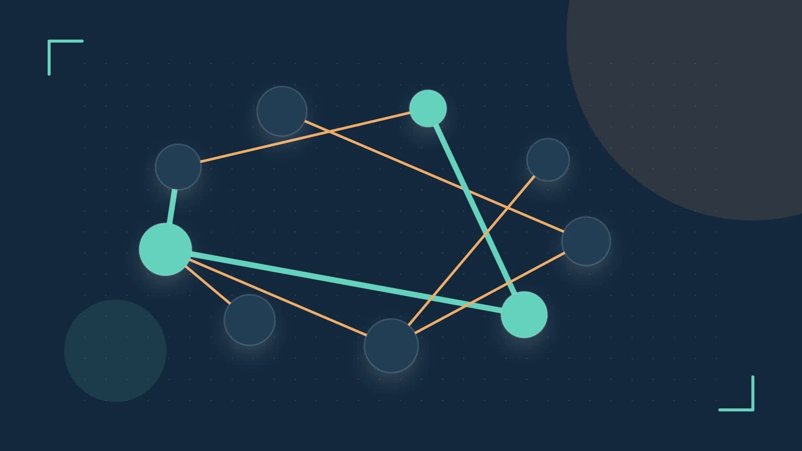 Editorial illustration of an algorithmic node graph with branching paths and a highlighted result