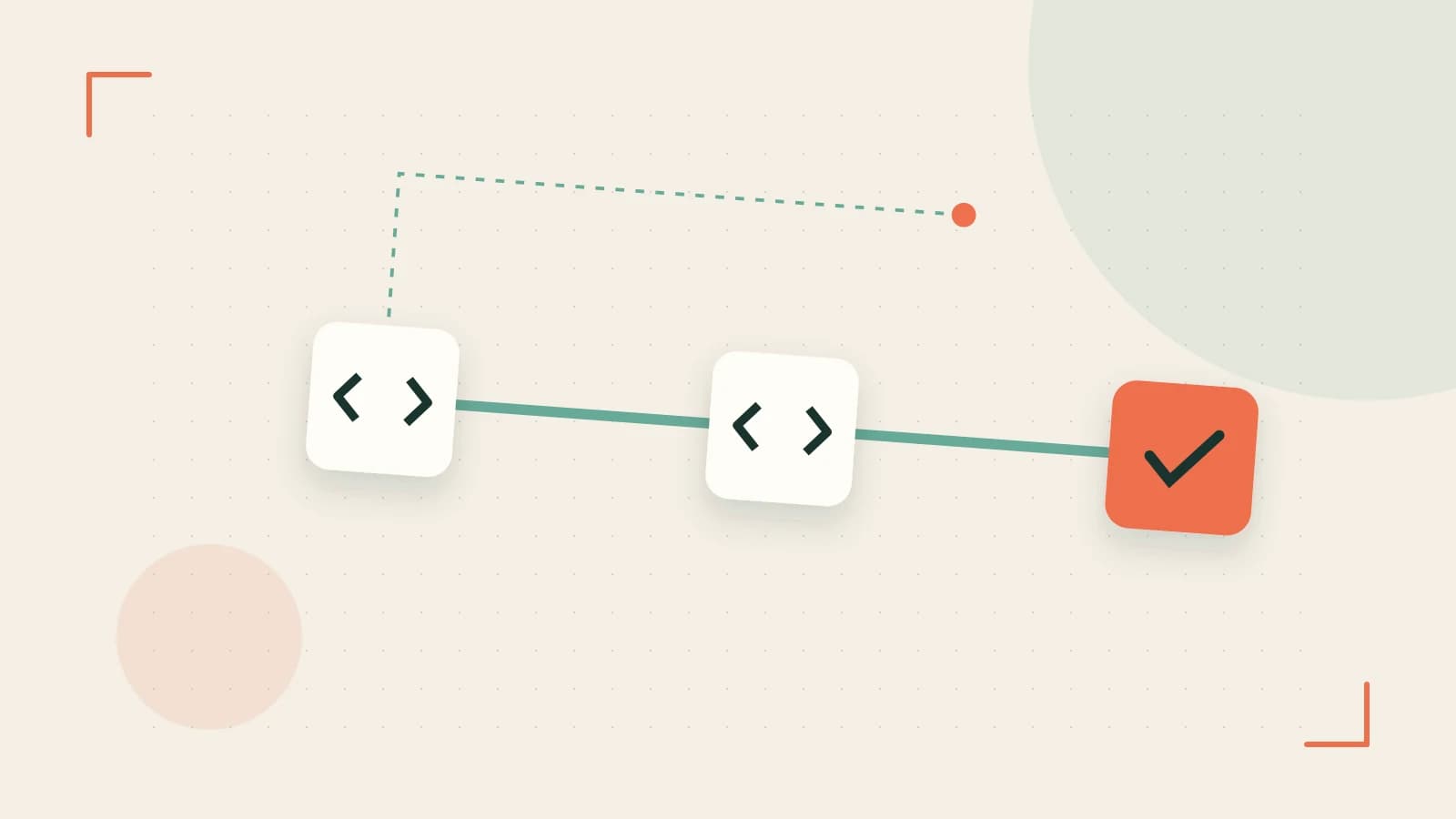 Editorial illustration of a branching build pipeline, staged transformations and a completed check