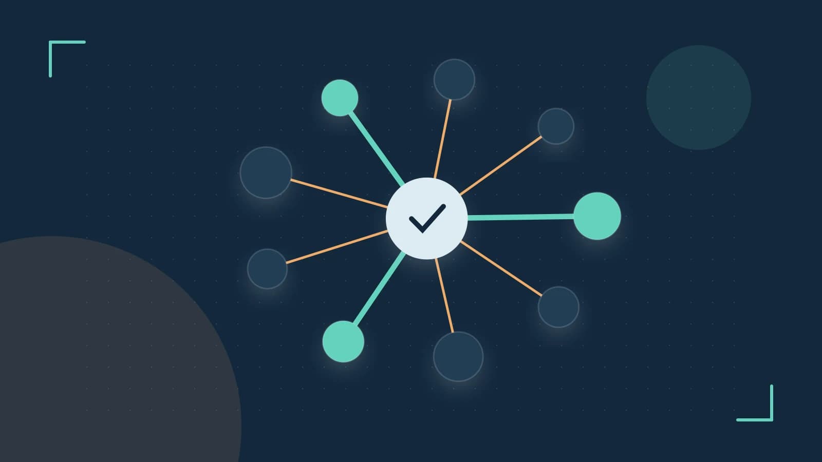 Editorial illustration of an algorithmic node graph with branching paths and a highlighted result