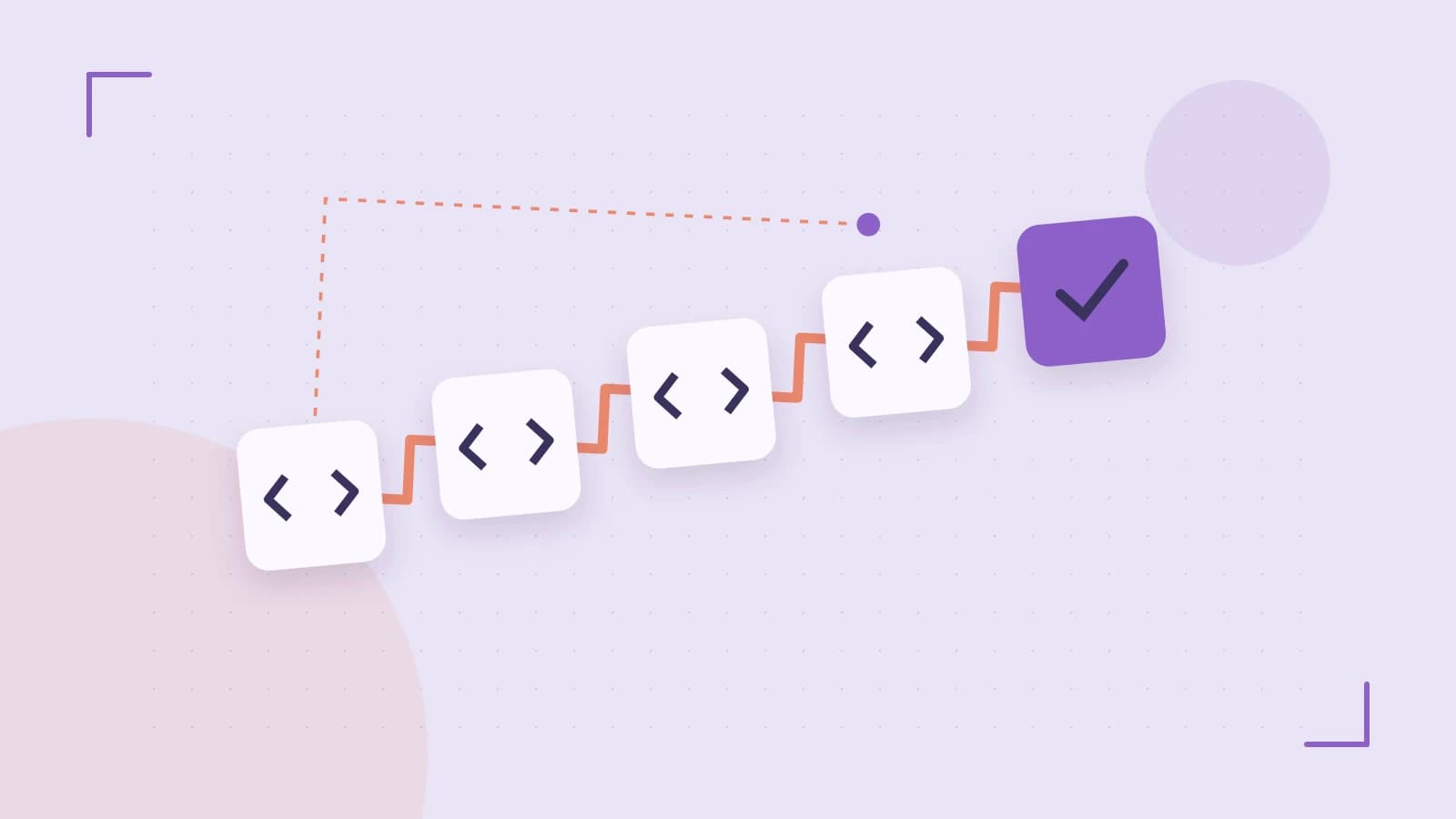 Editorial illustration of a branching build pipeline, staged transformations and a completed check