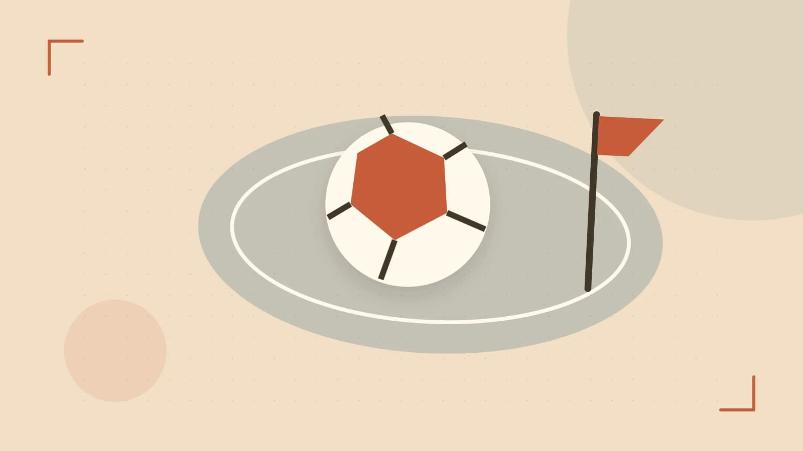 Editorial illustration of a stylized sports ball, stadium geometry and dynamic arcs