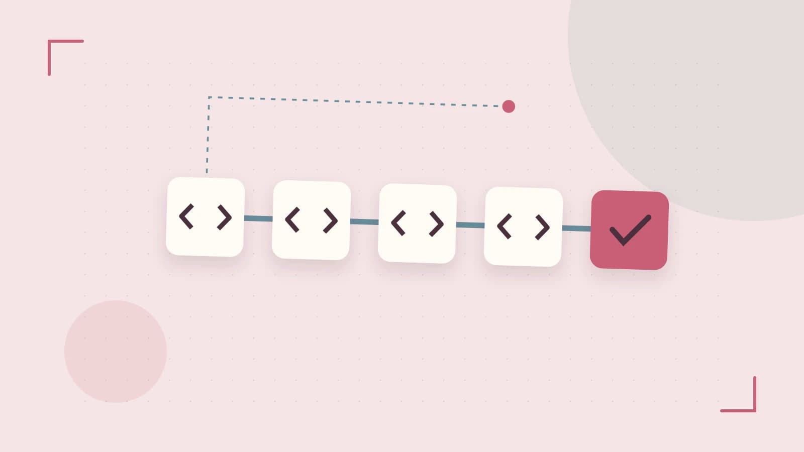 Editorial illustration of a branching build pipeline, staged transformations and a completed check