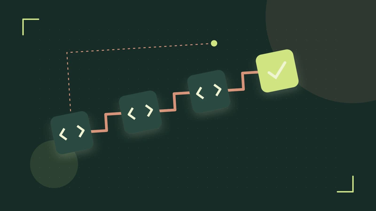 Editorial illustration of a branching build pipeline, staged transformations and a completed check